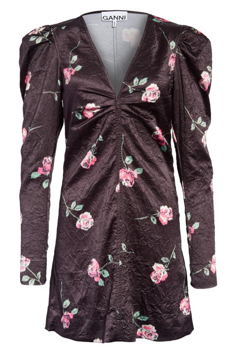 Floral Long Sleeve Crinkled Satin Dress