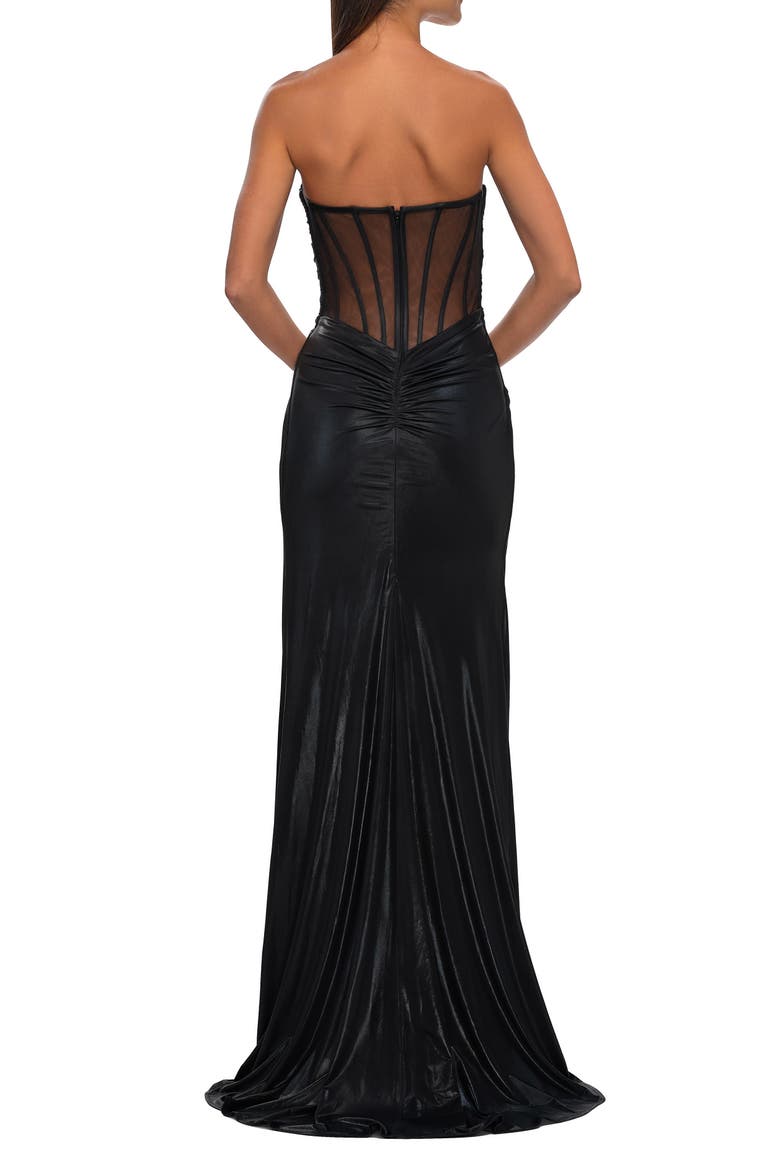 Metallic Jersey Dress with Ruching and Sweetheart Top, Alternate, color, Black