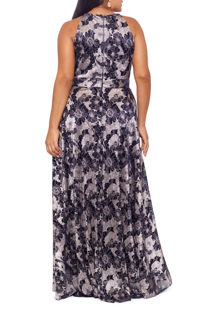 Betsy & Adam Metallic Floral Gown, Alternate, color, Navy/ Gunmetal