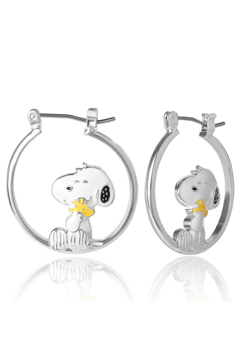 Snoopy Hugging Woodstock Enamel Hoop Earrings, Main, color, Silver