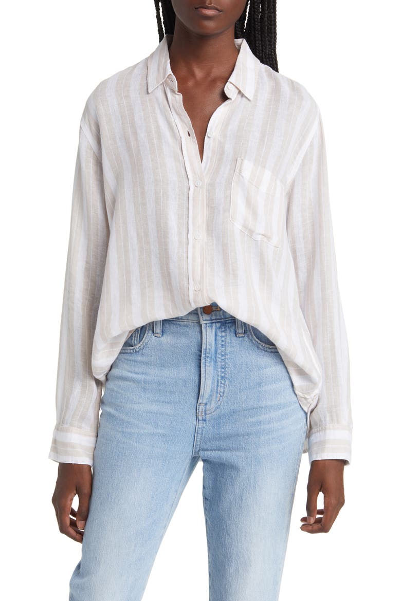Charli Linen Blend Button-Up Shirt, Main, color, SHORE STRIPE