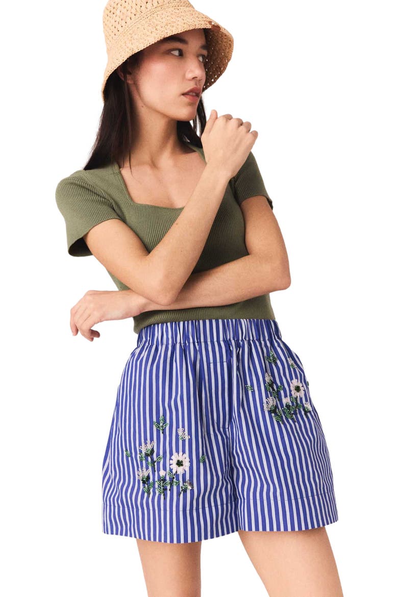 Embroidered striped cotton shorts, Alternate, color, White/blue
