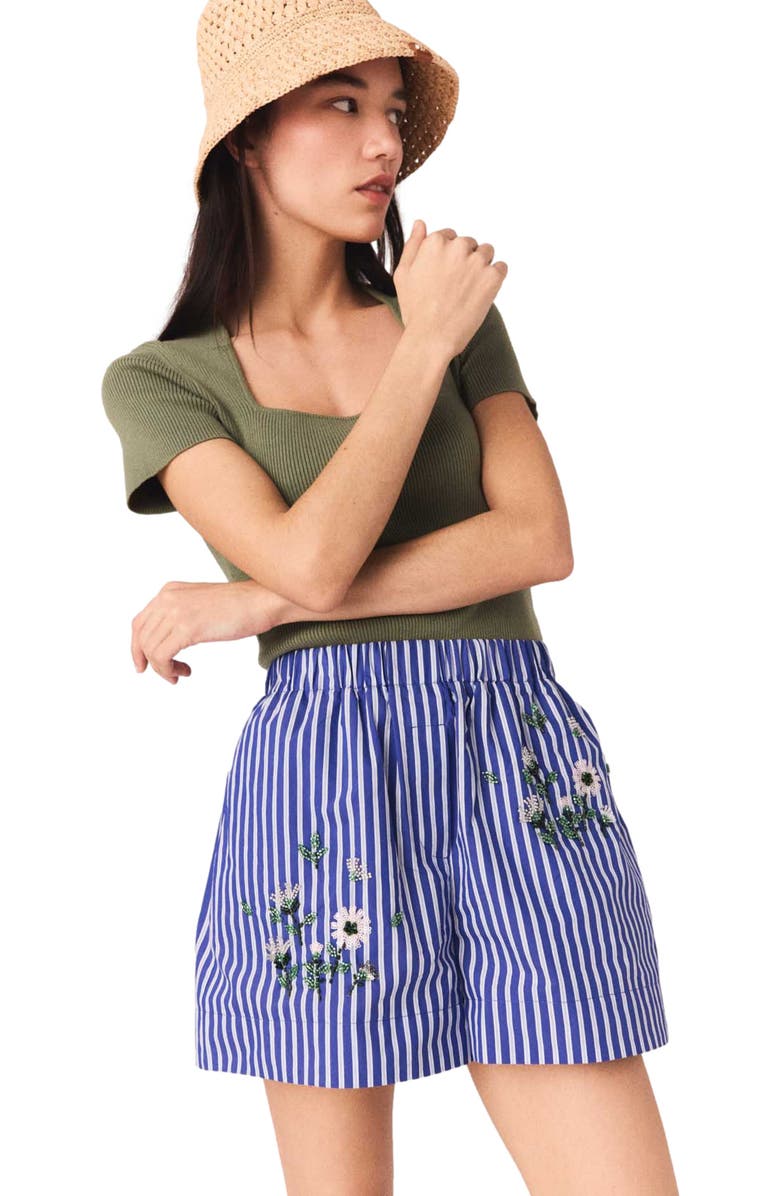 maje Embroidered striped cotton shorts, Alternate, color, White/Blue