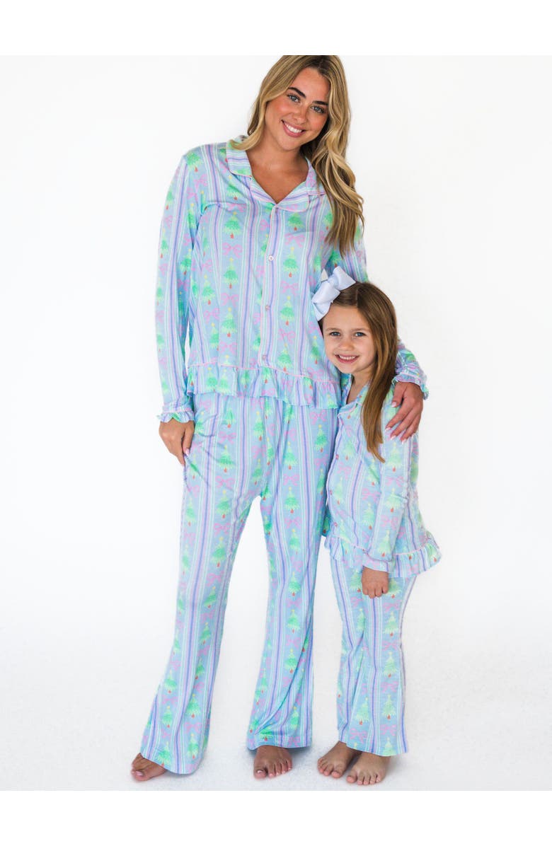 RuffleButts SoftSnooze Women's Ruffle Flare Pajama Set, Alternate, color, Merry Bow Dreams