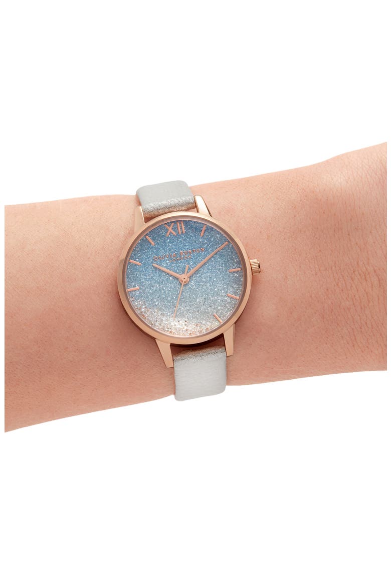 Wishing Waves Shimmer Leather Strap Watch, 30mm, Alternate, color, WHITE SHIMMER/ ROSE GOLD