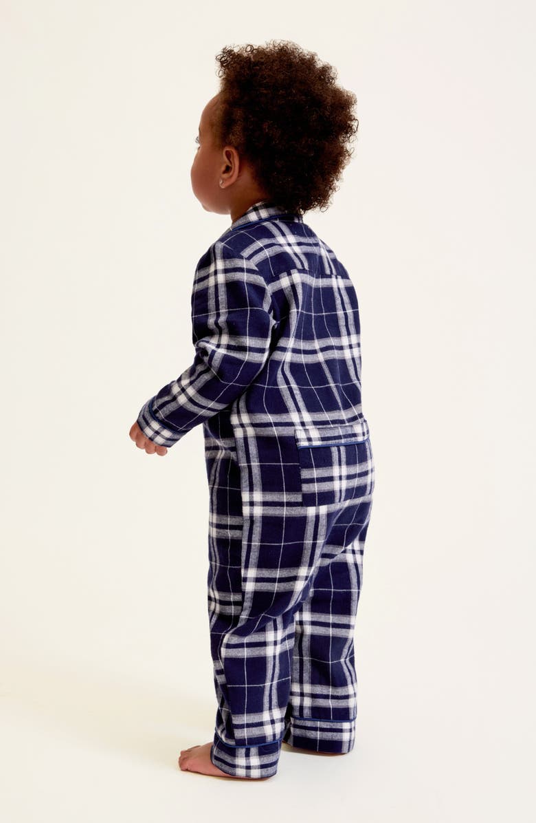 Petite Plume Oxford Tartan One-Piece Brushed Twill Pajamas, Alternate, color, Navy