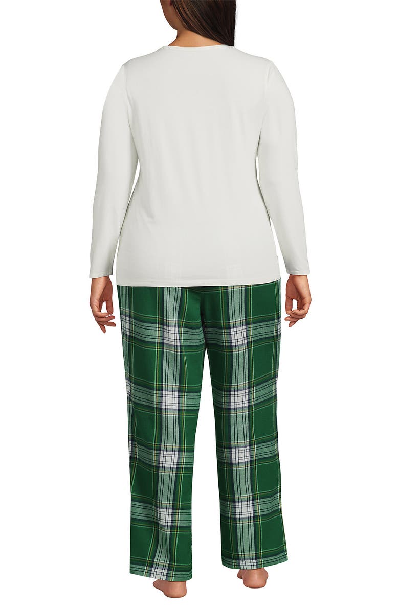 Lands' End Pajama Set Knit Long Sleeve T-Shirt and Flannel Pants, Alternate, color, Light Emerald Plaid