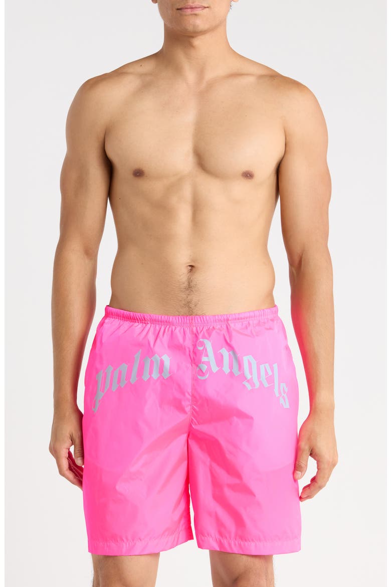 Curved Logo Swim Trunks, Main, color, FUSCHIA/LIGHT BLUE