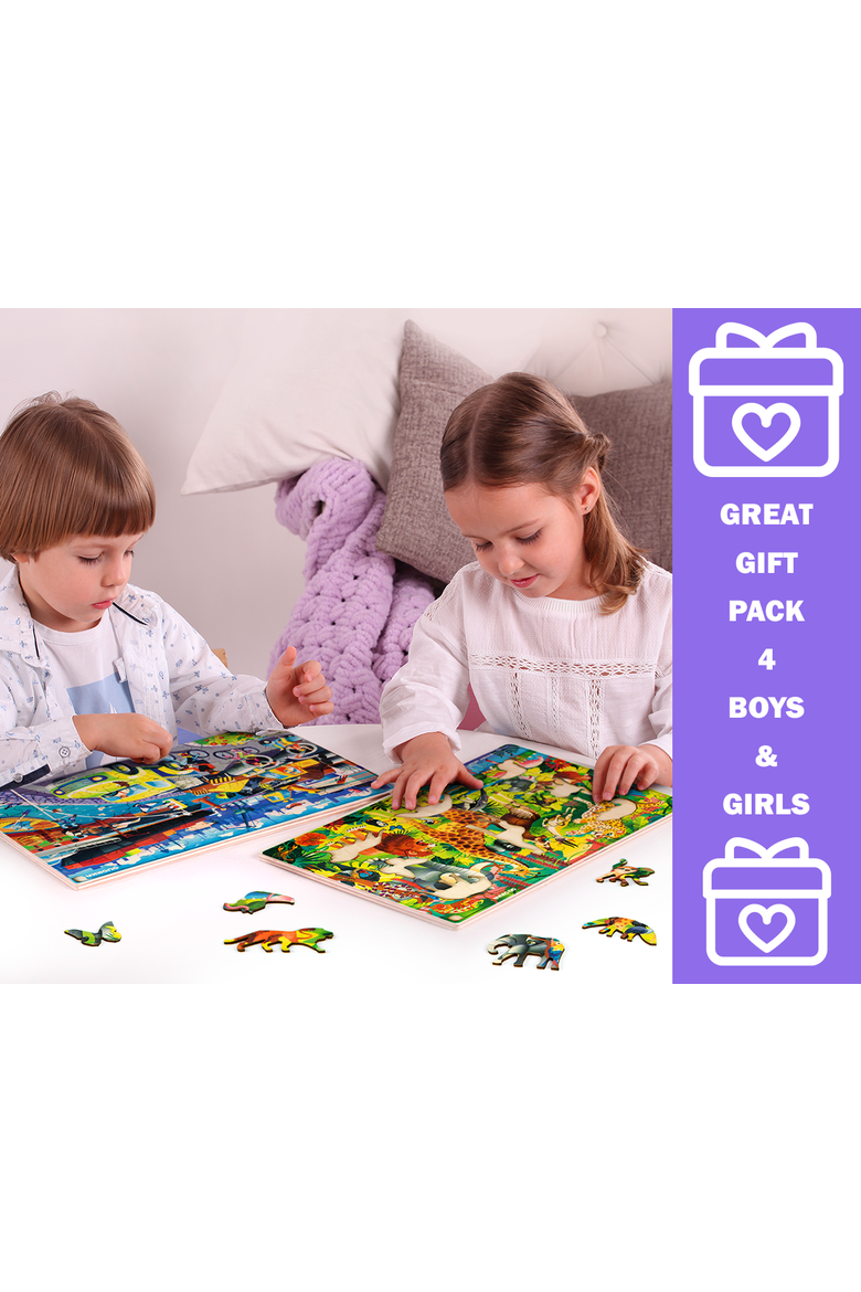 4x60 Piece Kids Wooden Jigsaw Puzzles, Alternate, color, Forest Bug Africa Vechicles