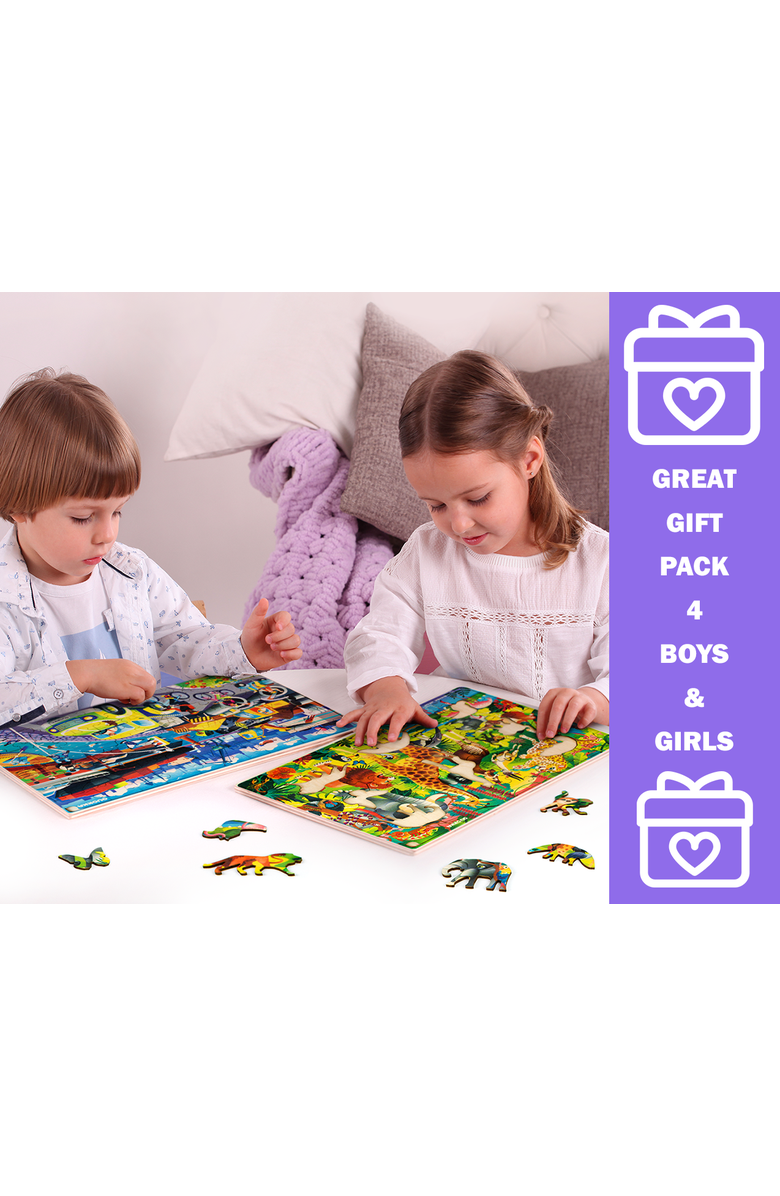 Quokka 4x60 Piece Wooden Jigsaw Puzzles for Kids, Alternate, color, Forest Bug Africa Vechicles