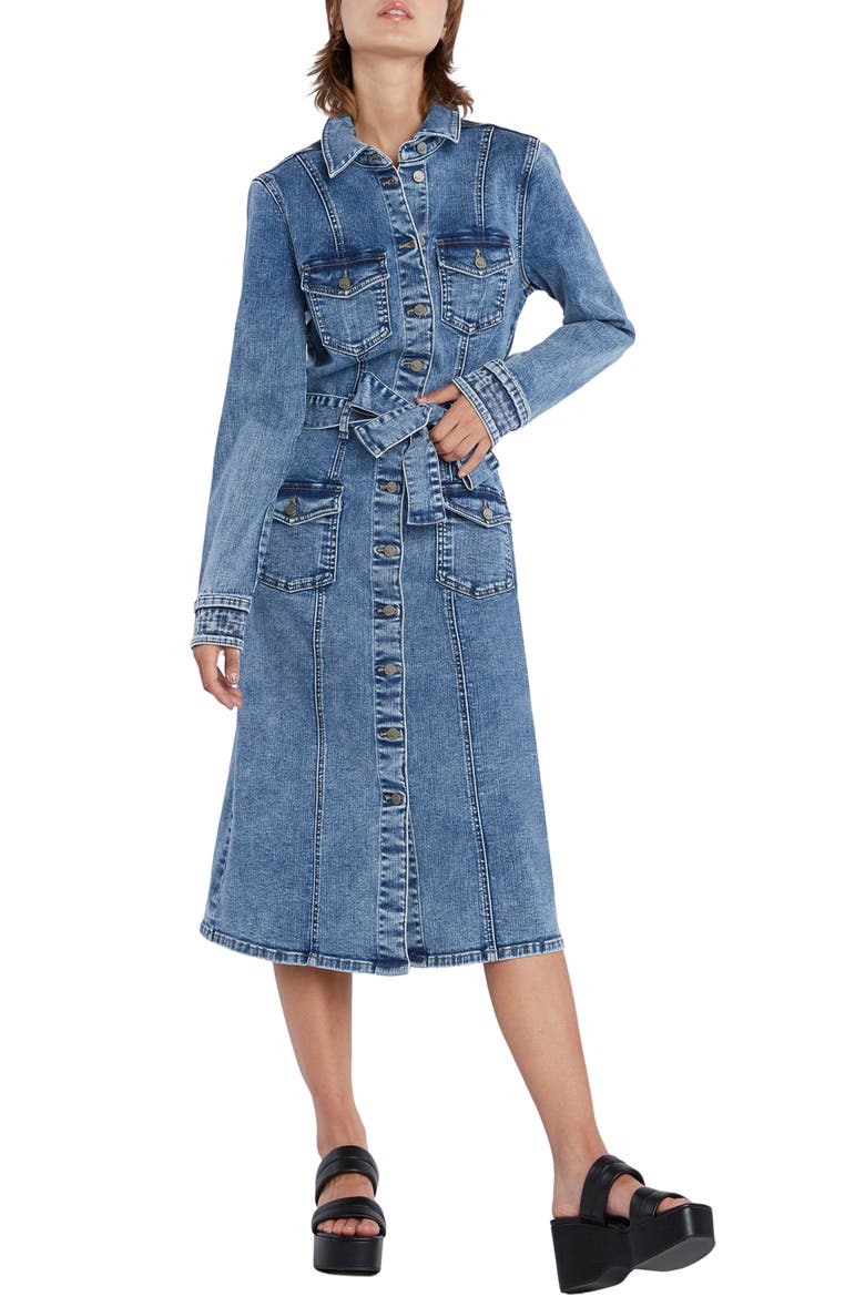 Tie Waist Long Sleeve Cargo Denim Midi Shirtdress, Main, color, PEACE BLUE