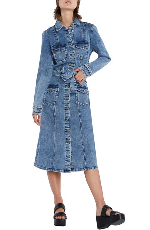 Tie Waist Long Sleeve Cargo Denim Midi Shirtdress