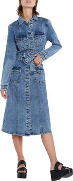 Wash Lab Denim Tie Waist Long Sleeve Cargo Denim Midi Shirtdress