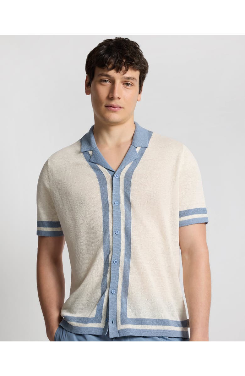 Onia Linen Knit Camp Short Sleeve Shirt, Main, color, Egret/Marine