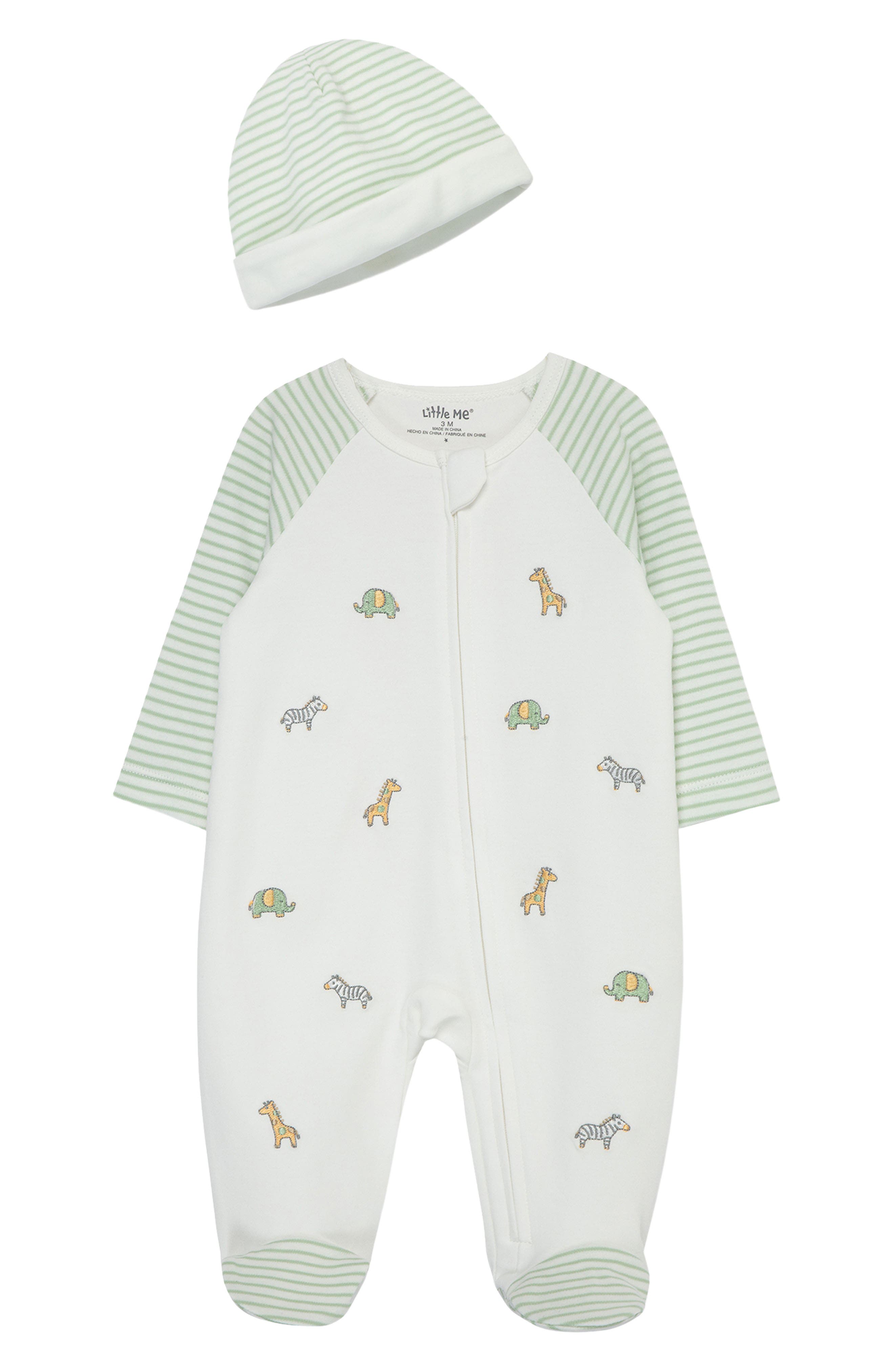 Little Me Safari Embroidered Cotton Footie & Hat Set