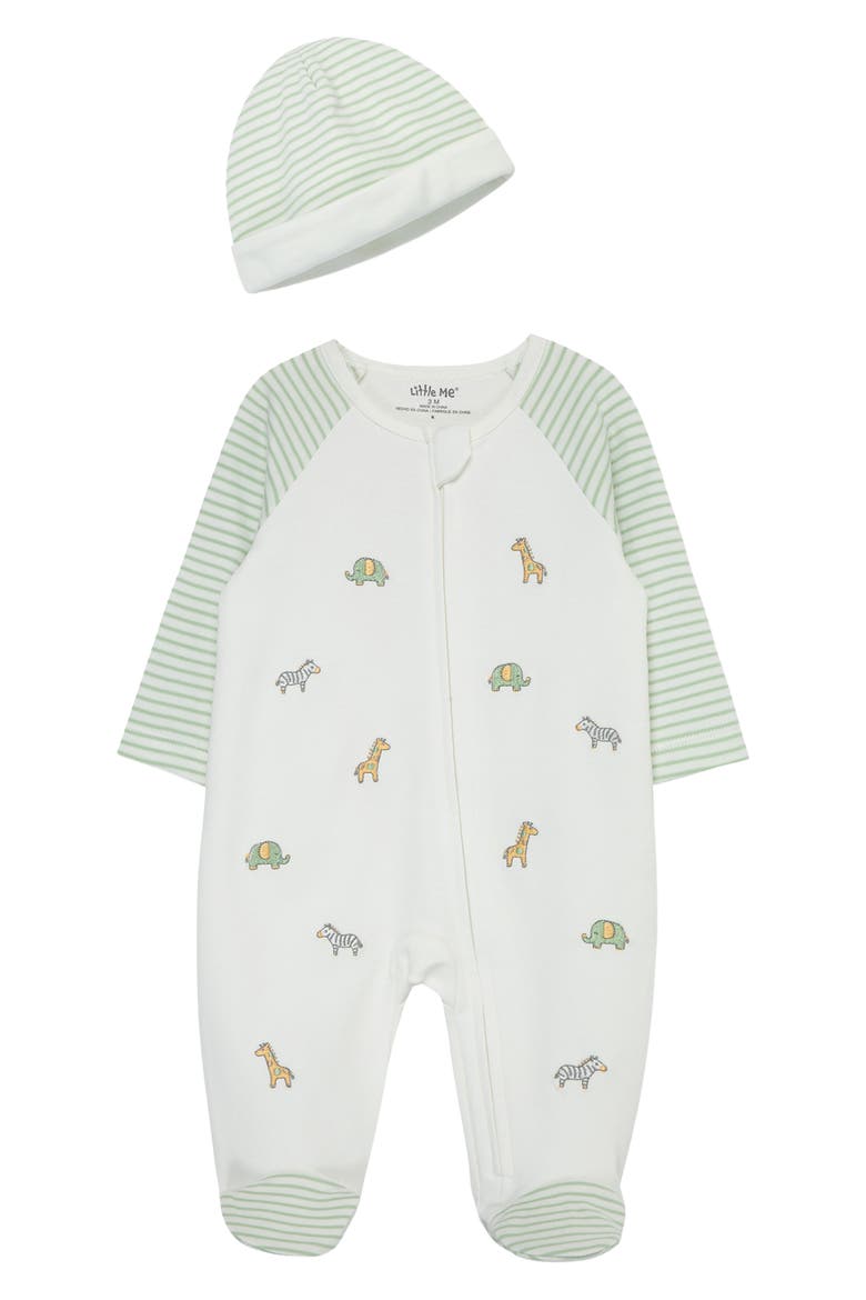 Safari Embroidered Cotton Footie & Hat Set (Nordstrom Exclusive), Main, color, IVORY