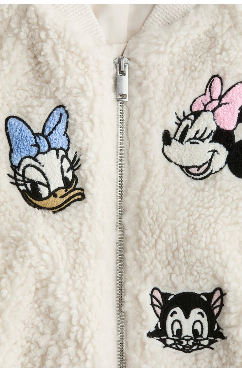H&M Appliquéd Teddy Bomber Jacket, Alternate, color, Cream/Minnie Mouse