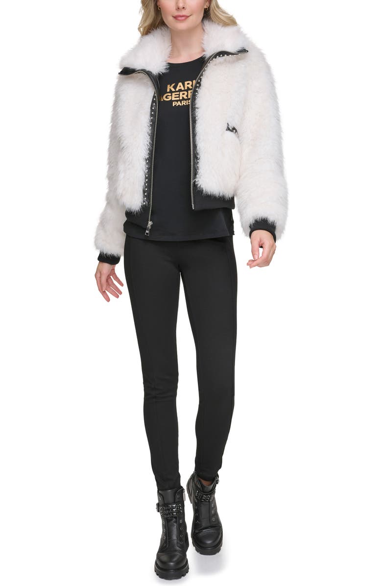 KARL LAGERFELD PARIS Shaggy Studded Faux Fur Bomber Jacket, Alternate, color, White
