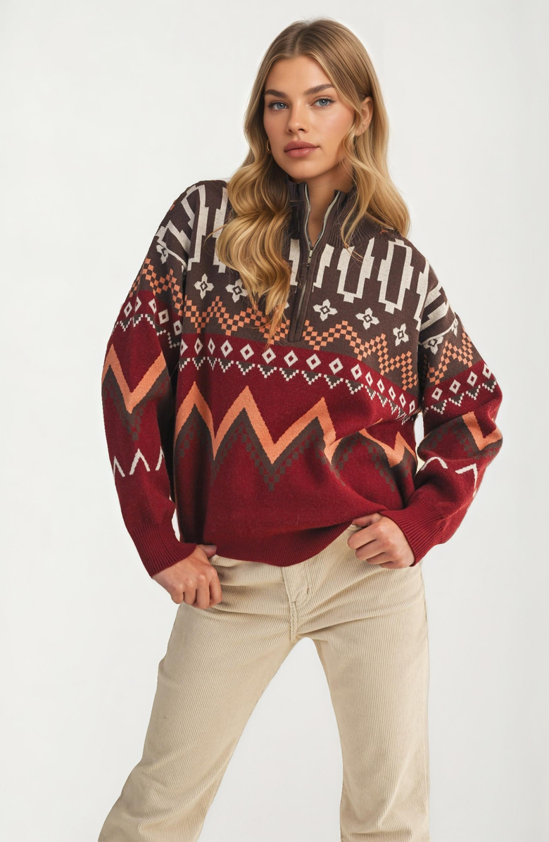 Knit and Lounge Half-Zip Geometric Sweater, Main, color, Rust / Terracotta
