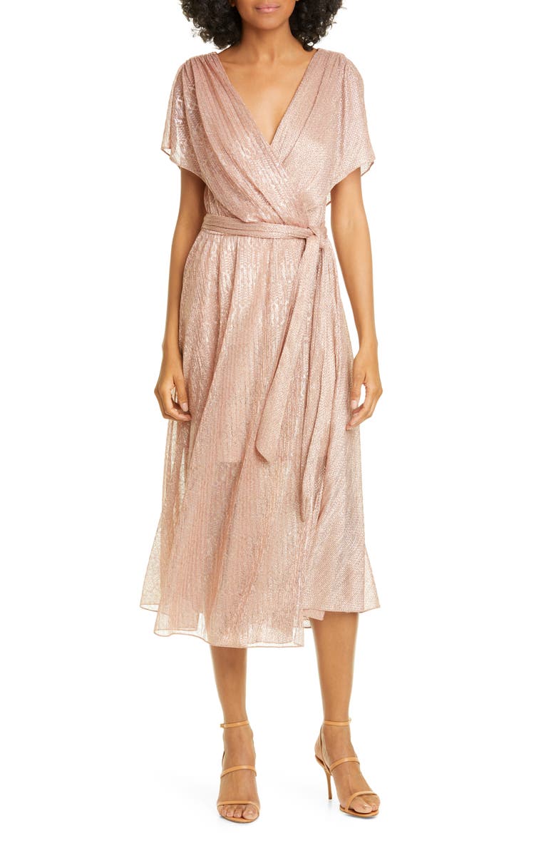 Alice + Olivia Darva Faux Wrap Midi Dress, Main, color, 