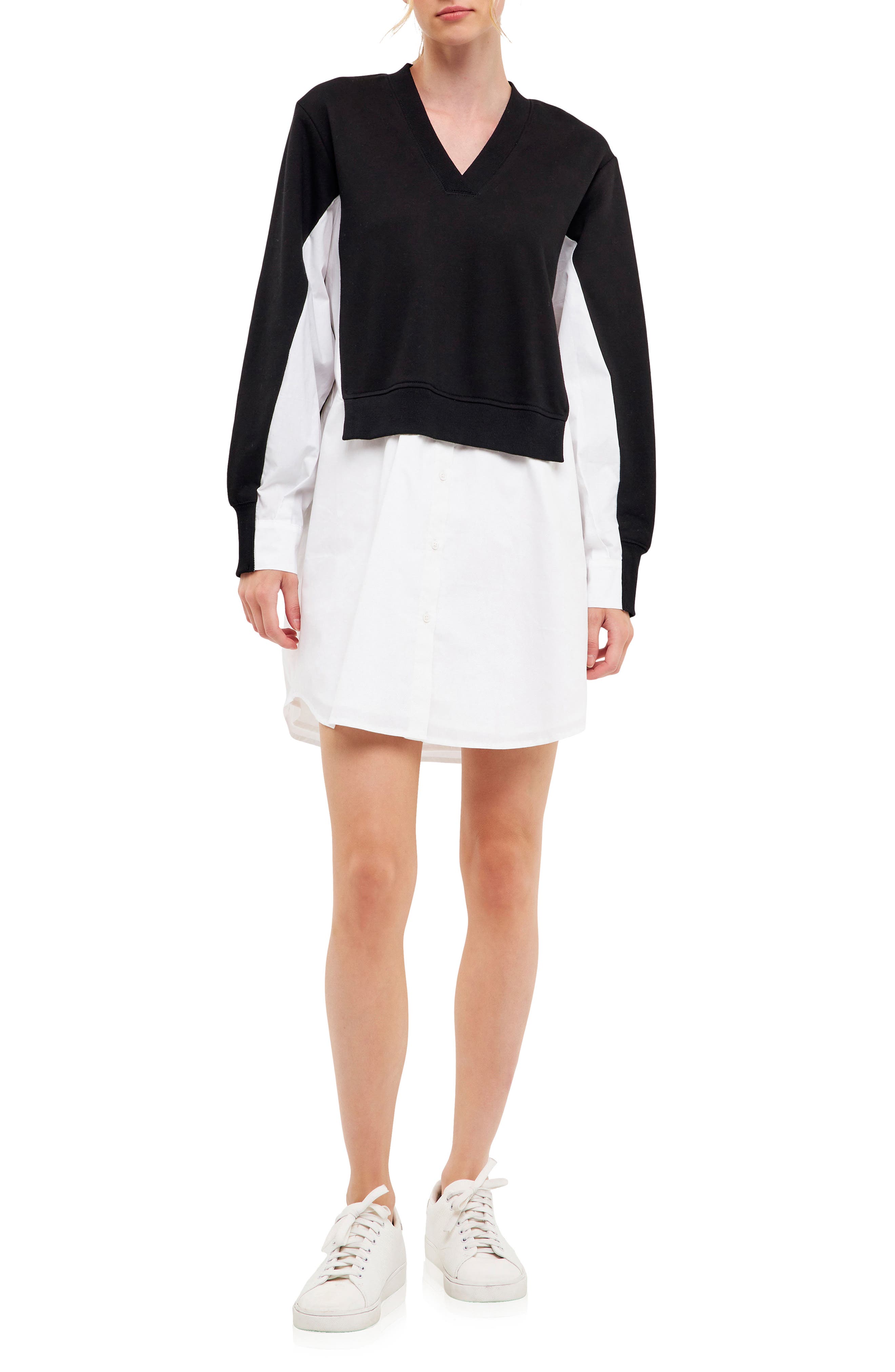English Factory V-Neck Layered Sweatshirt Dress (Women) | Nordstromrack