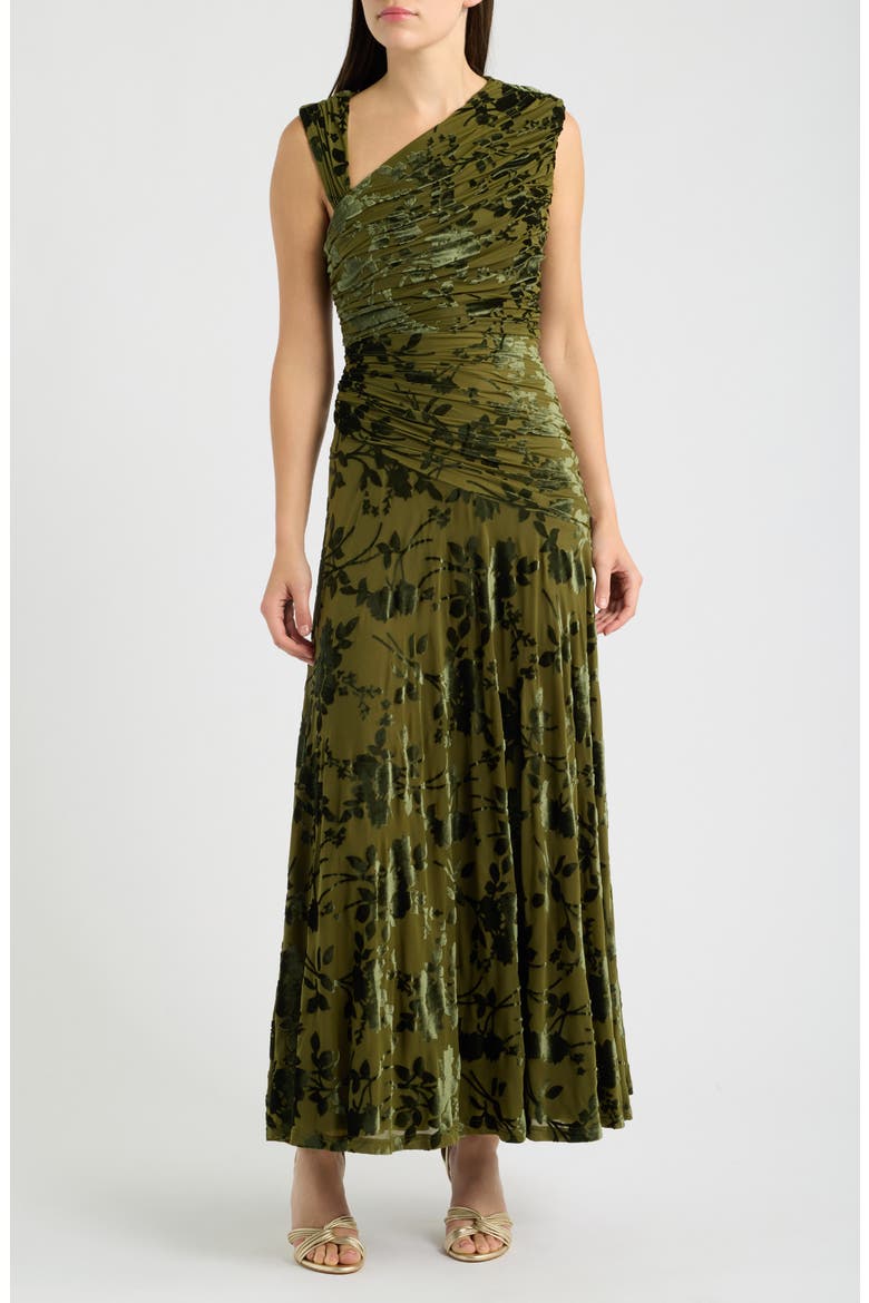 Ester Ruched Velvet Gown, Main, color, OLIVE