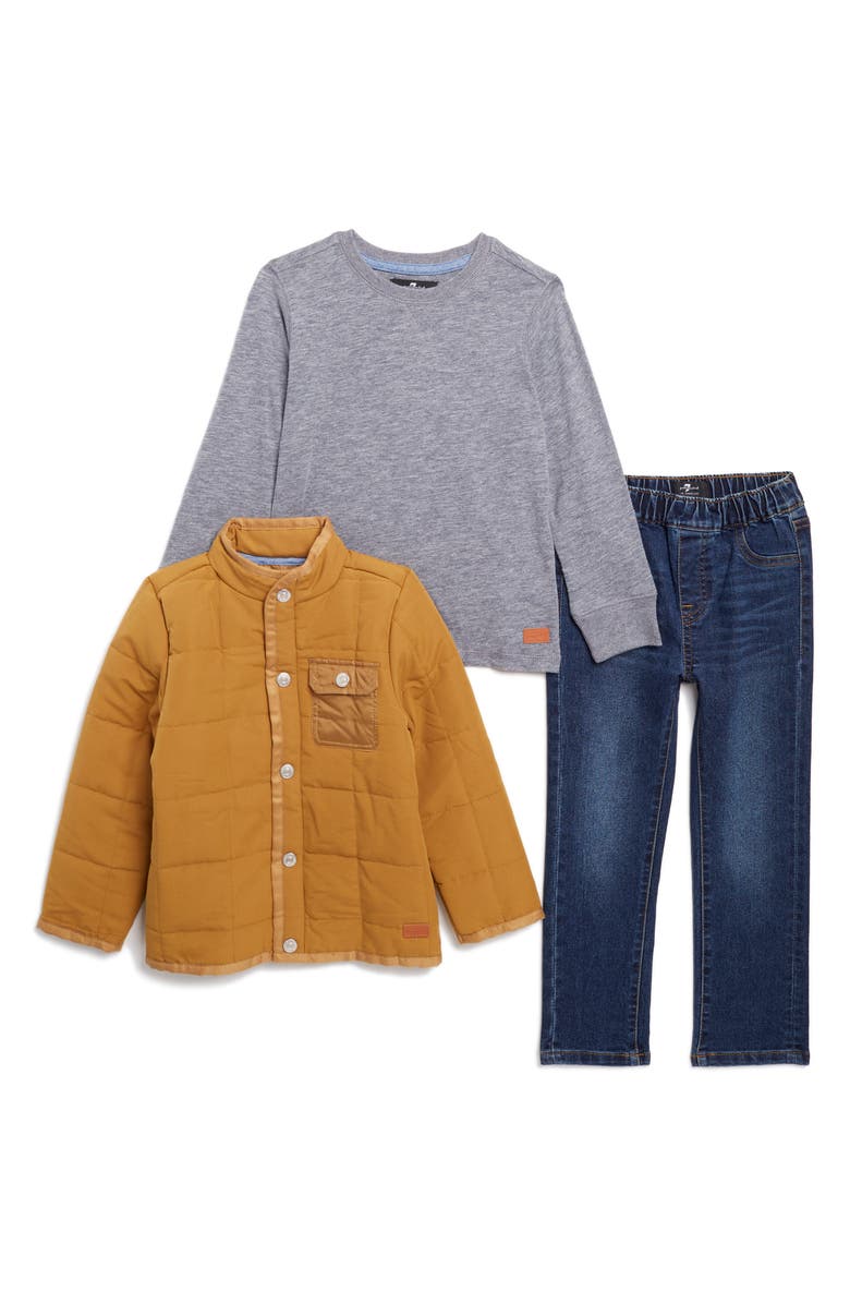 7 For All Mankind Kids' Canvas Puffer Jacket, Long Sleeve T-Shirt & Jeans Set, Main, color, 