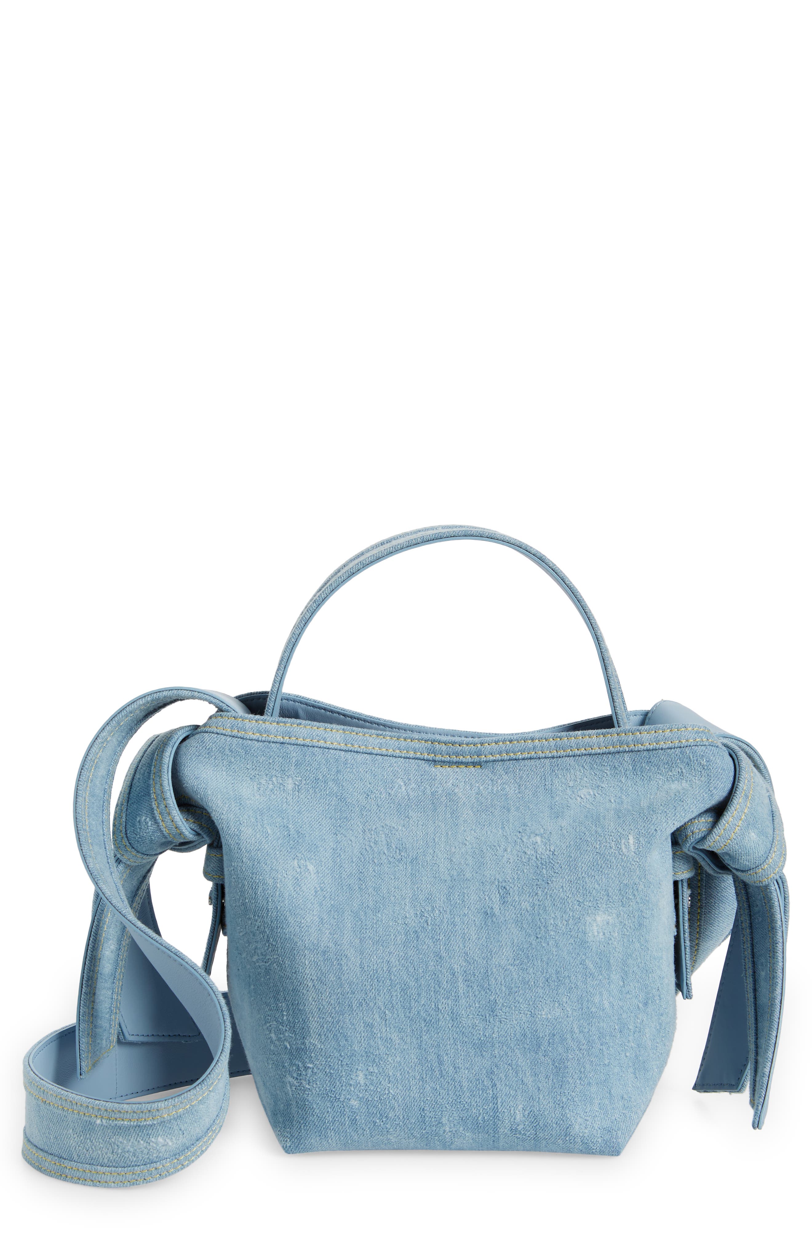 Acne Studios Mini Musubi Destroyed Denim Top Handle Bag, Main, color, 