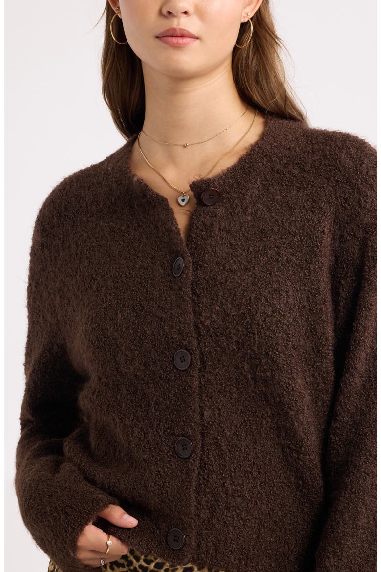Bouclé Crewneck Cardigan, Alternate, color, BROWN COFFEE