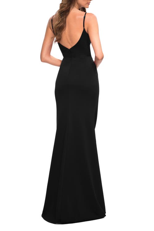 La Femme Simple Thick Jersey Gown With High Skirt Slit In Black