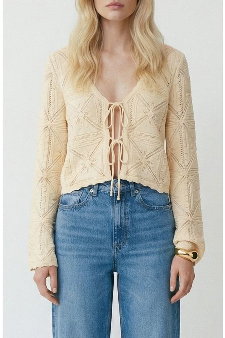 Lola Tie Front Pointelle Knit Cotton Cardigan, Main, color, BIRCH
