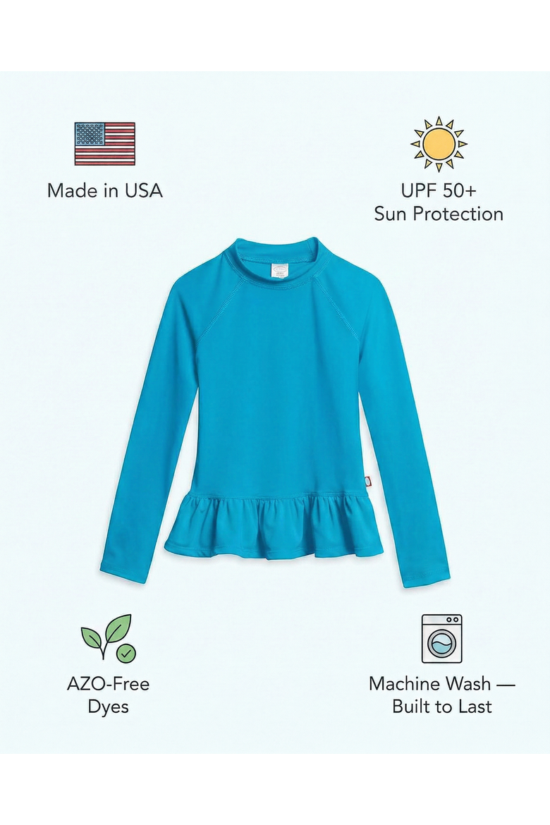 Girls Swim Peplum UPF 50+ Long Sleeve Rashguard Tee, Alternate, color, Teal