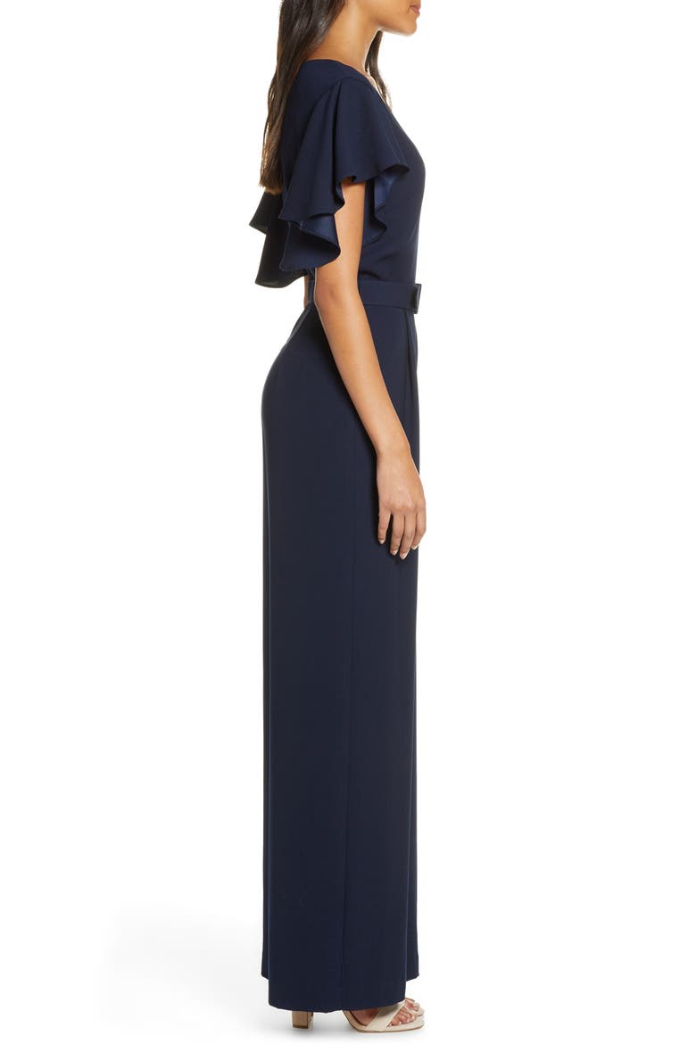 Flutter Sleeve Belted Satin Jumpsuit, Alternate, color, NAVY