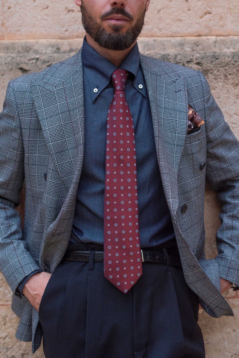 Benelli - Extra Long Silk Jacquard Tie for Men, Alternate, color, Burgundy