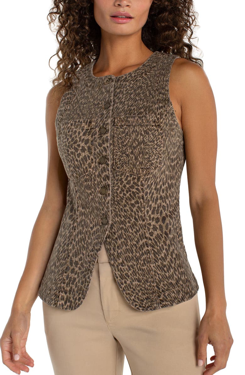 Liverpool Los Angeles Print Button Front Vest, Main, color, Khaki Abstract Animal Print