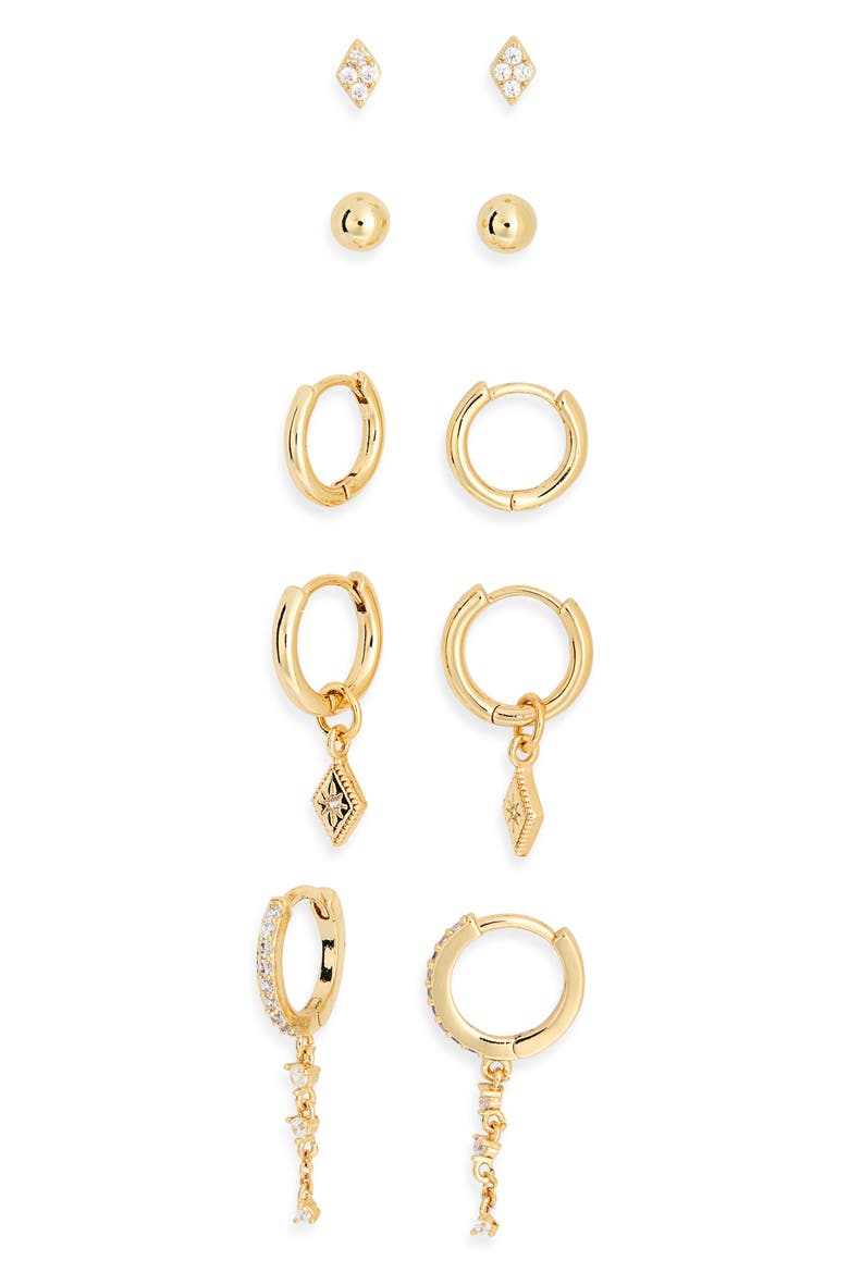 Set of 5 Stud & Hoop Earrings, Alternate, color, CLEAR- GOLD