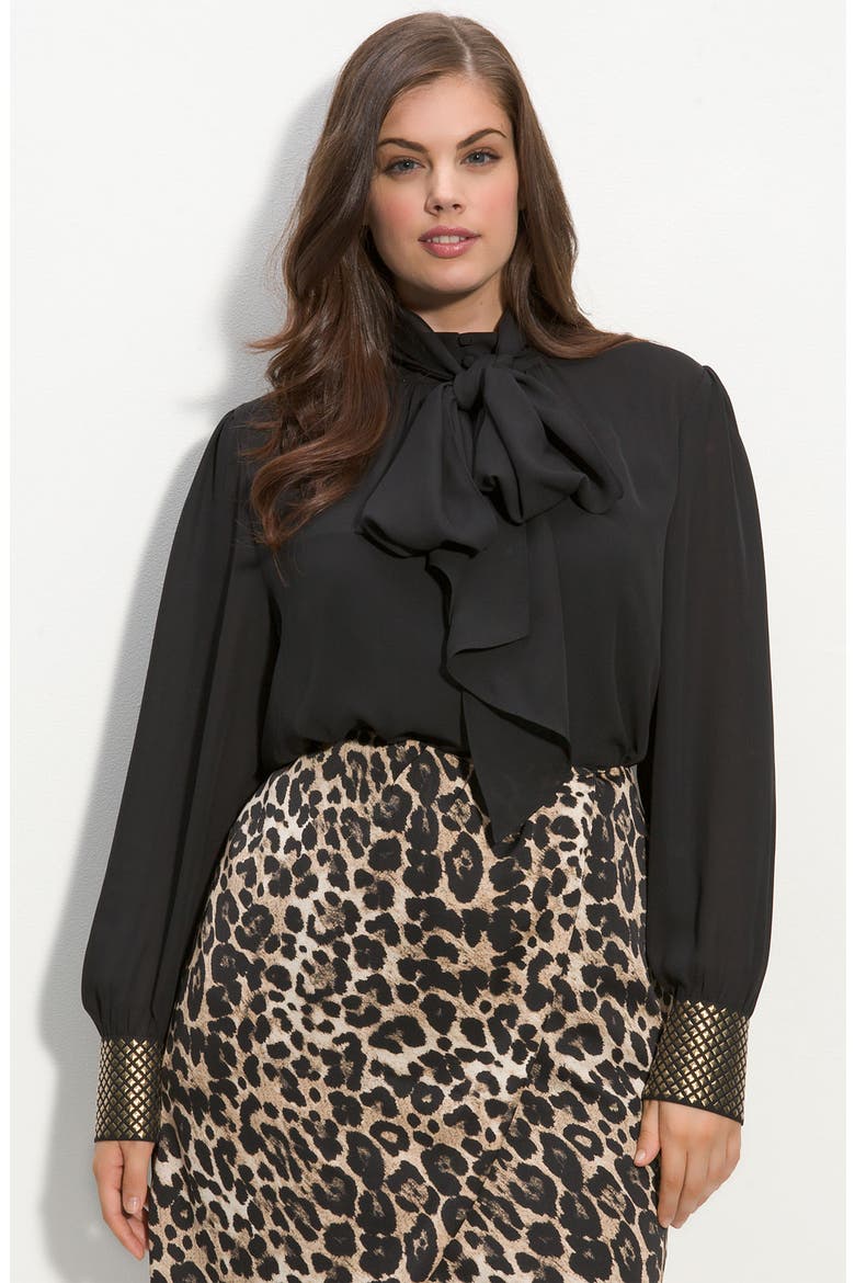 Tie Neck Studded Blouse, Main, color, RICH BLACK