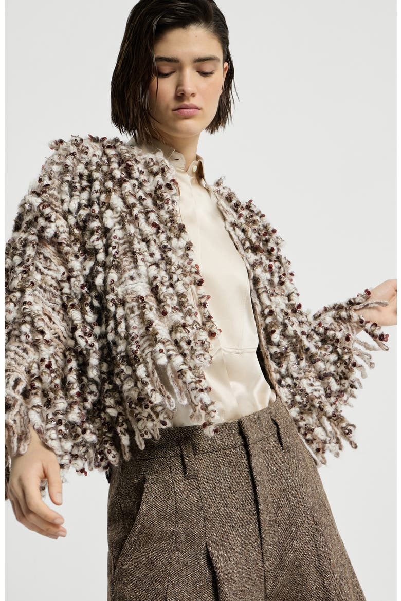 Dazzling twist embroidery cardigan in mohair and wool, Alternate, color, Brown