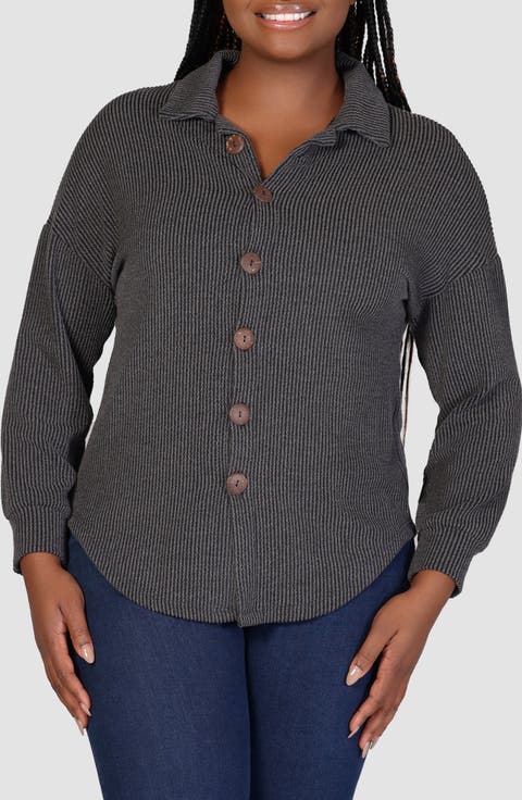 Textured Stripe Knit Button-Up Shirt (Plus)