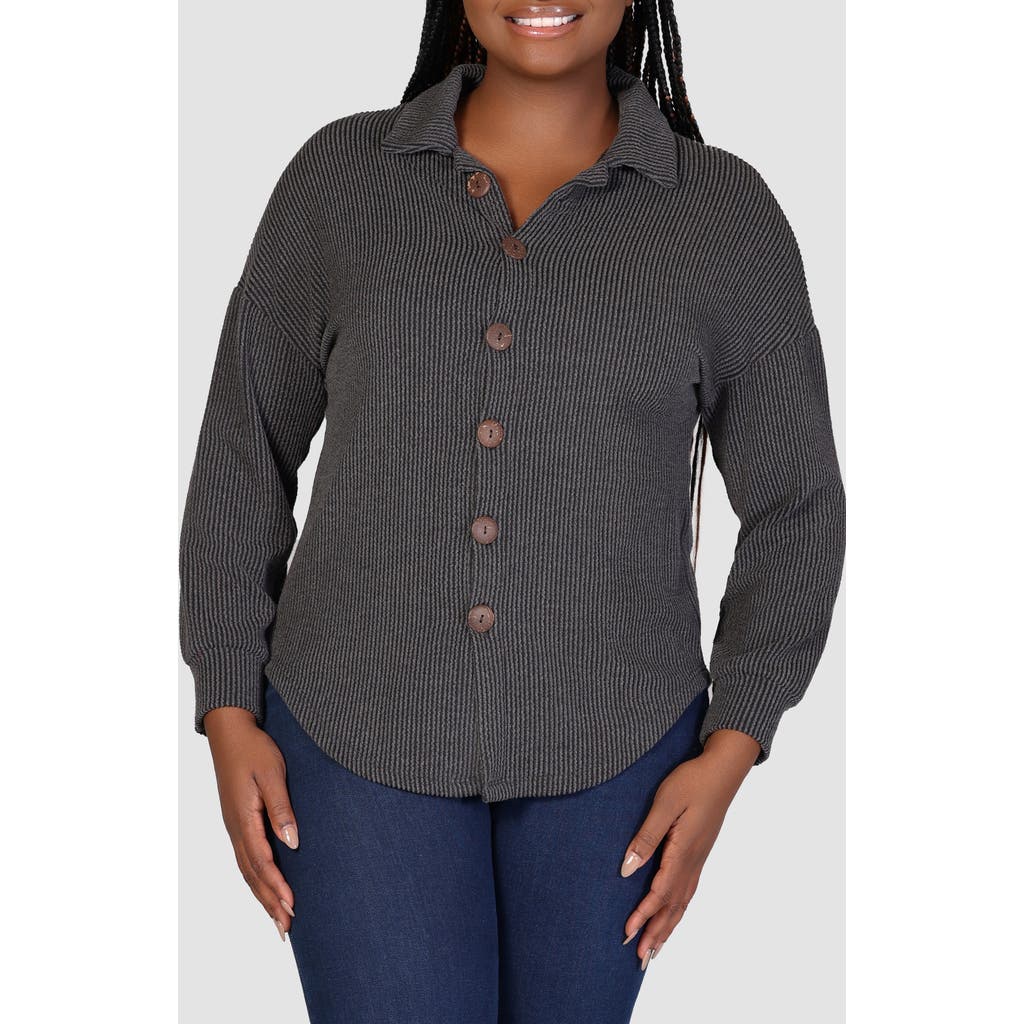 Shop 24seven Comfort Apparel Textured Stripe Knit Button-up Shirt In Black