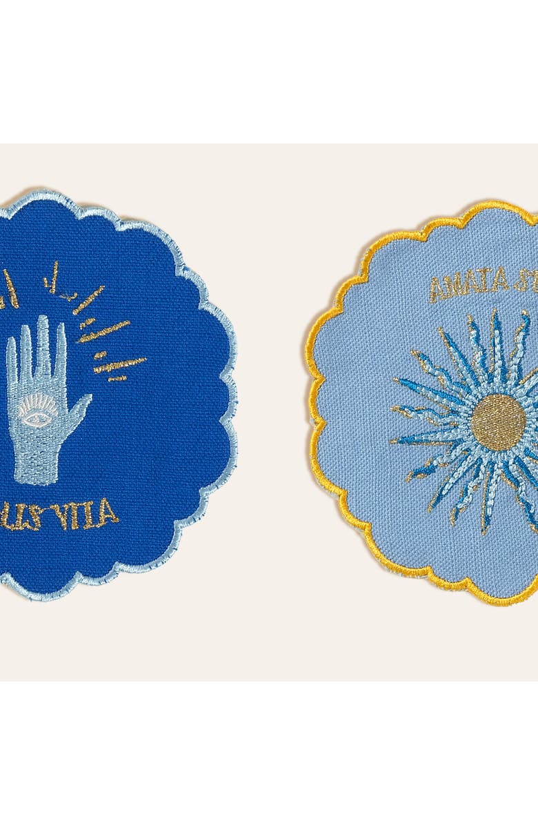 Zsa Zsa Zsu Nilufer 4 Pcs Digital Printed Overlocked Embroidered 100% Cotton Coaster Set, Alternate, color, Blue