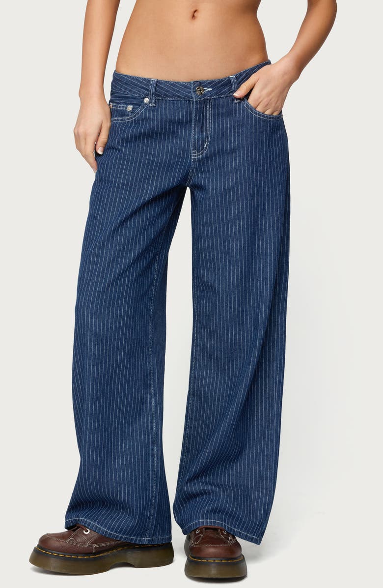 EDIKTED Pinstripe Low Rise Wide Leg Jeans, Main, color, 