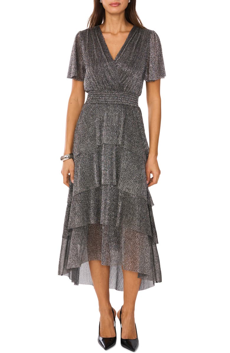 Vince Camuto Metallic Tiered High-Low Maxi Dress, Main, color, 