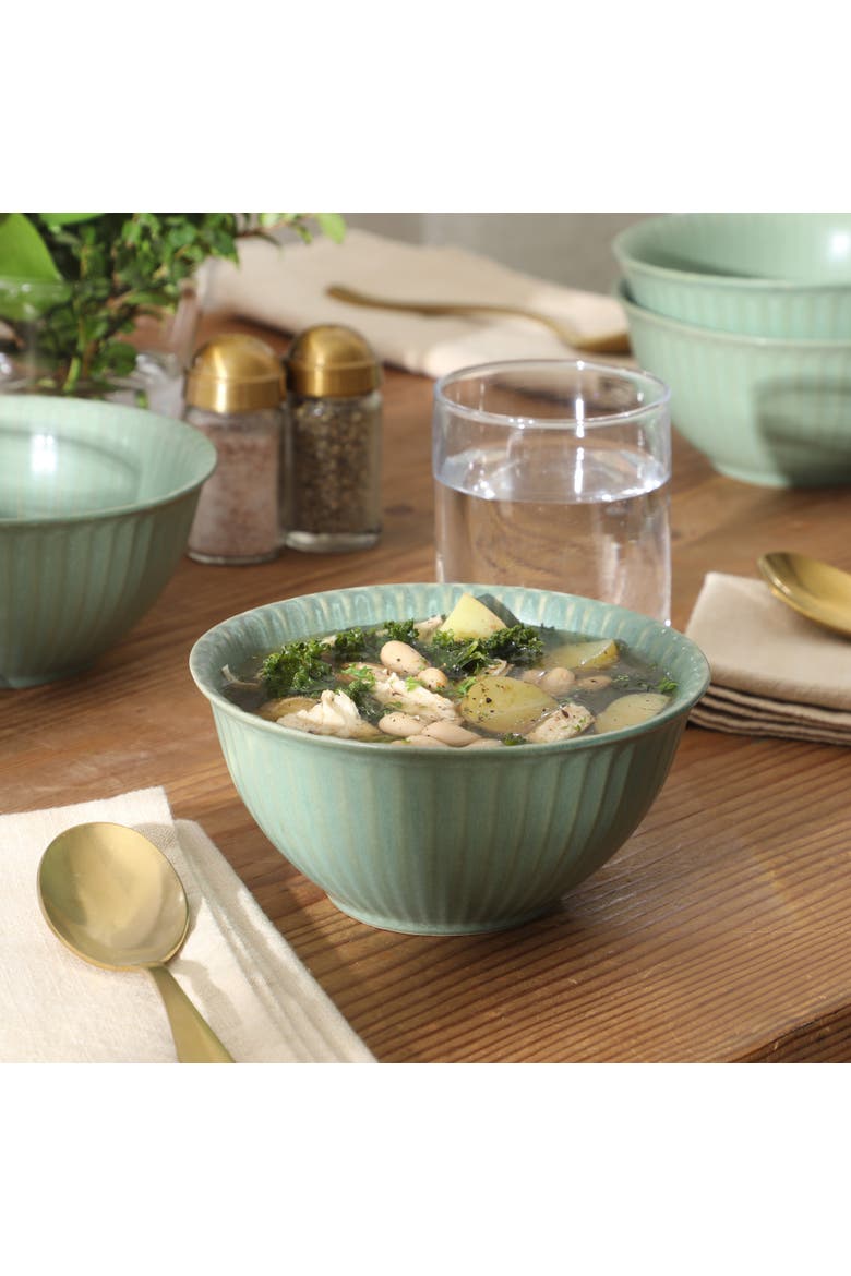 Bistro Linea Cereal Bowls, Stoneware Soup Bowls, Cream Reactive Glaze Ribbed Bowl Set, Alternate, color, Green