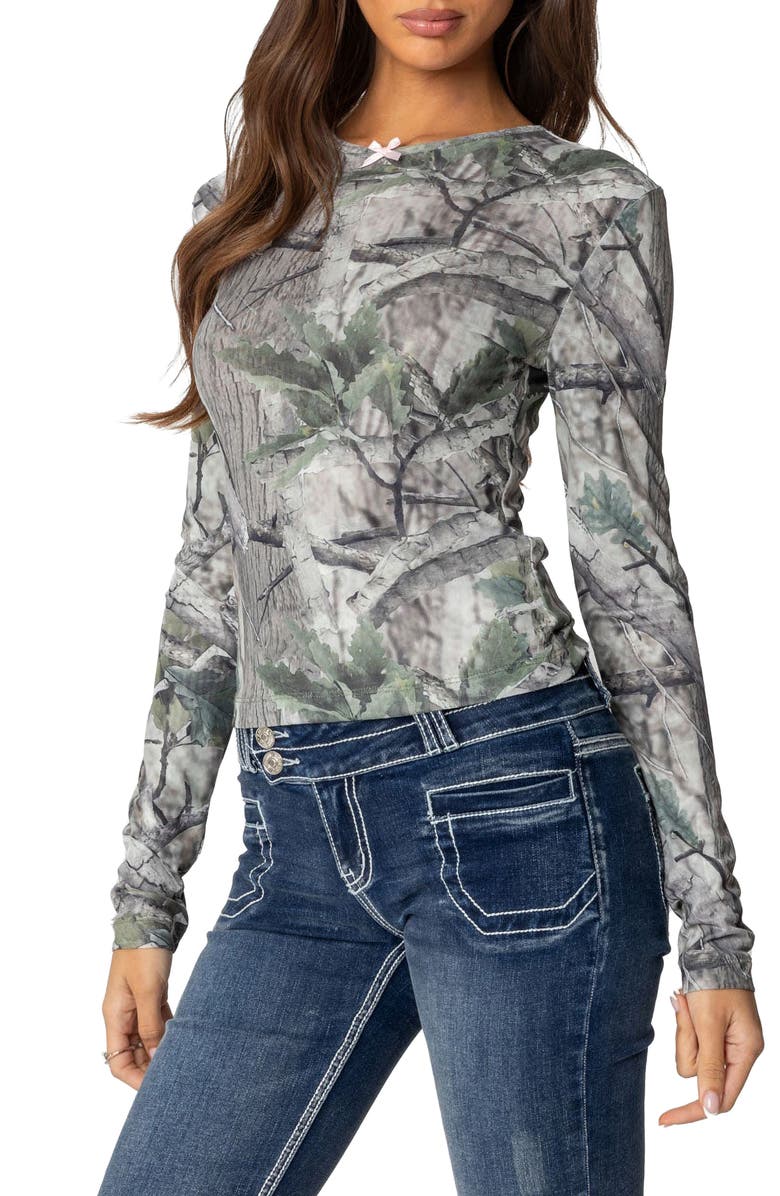 EDIKTED Camo Babe Mesh Long Sleeve Top, Alternate, color, Olive