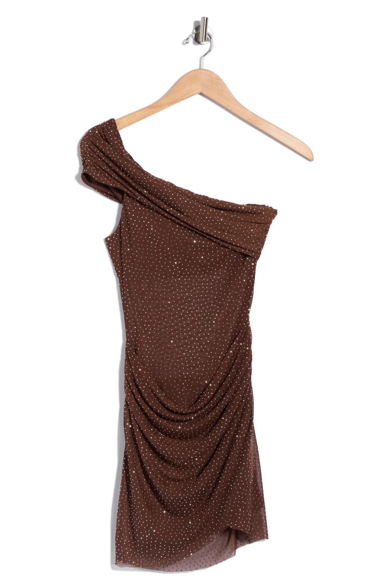 Adriessa Sheer One-Shoulder Long Sleeve Minidress, Main, color, BROWN