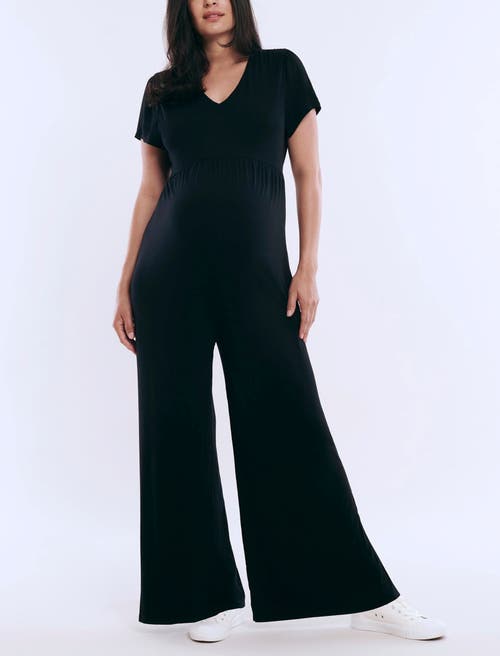 MOTHERHOOD MATERNITY MOTHERHOOD MATERNITY SHORT SLEEVE V-NECK FLARE LEG JUMPSUIT