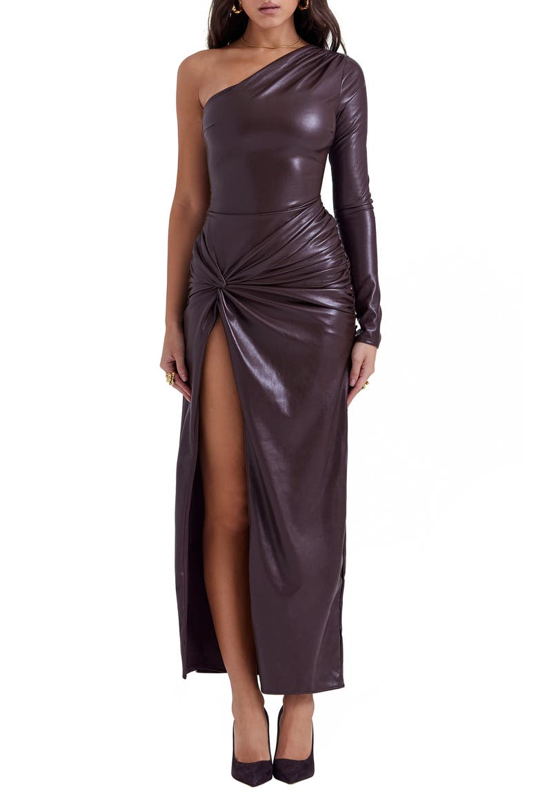 Octavia One-Shoulder Faux Leather Dress, Main, color, BROWN LEATHER