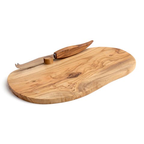 Olive Wood Cheese Board & Knife Set, 13-Inch x 7-Inch