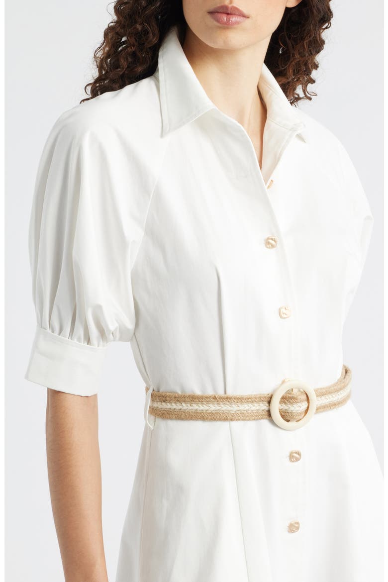 Puff Sleeve Belted Cotton Midi Shirtdress, Alternate, color, WHITE